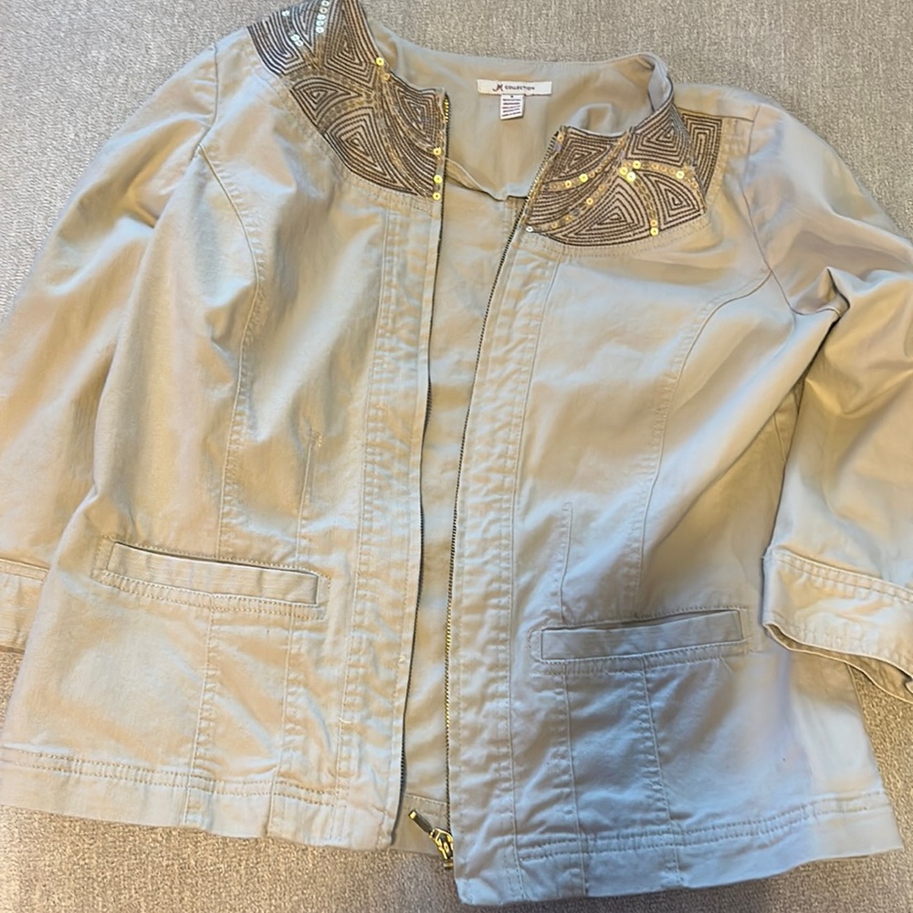 Beige JM Collection cotton jacket with 3/4 sleeves and neck sequin detail.
